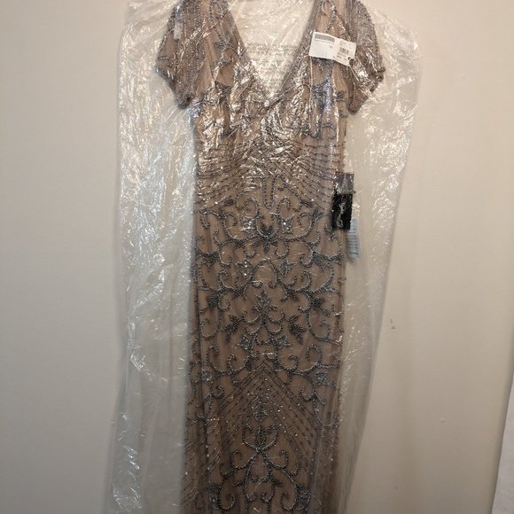 Tan and Cream Sequin Flutter Sleeve Sheath Dress - Picture 5 of 7